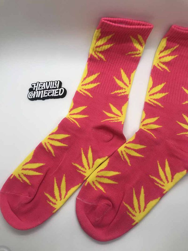Pink Cannabis Socks with yellow Cannabis Leafs