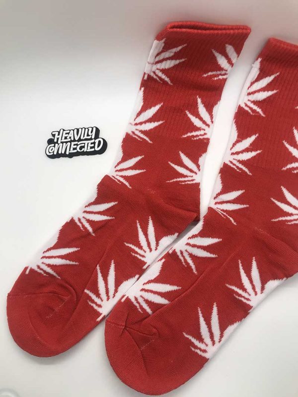 Red Cannabis Socks with white Cannabis Leafs