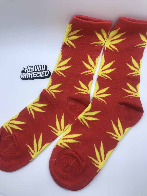 Red Cannabis Socks with yellow Cannabis Leafs
