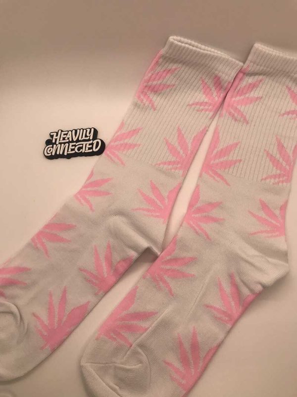 White Weed Socks with pink marijuana Leafs