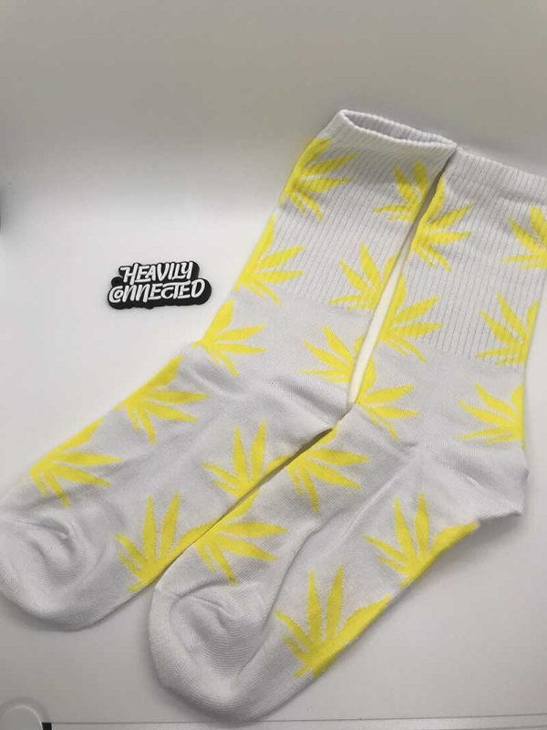 White Cannabis Socks with yellow Cannabis Leafs